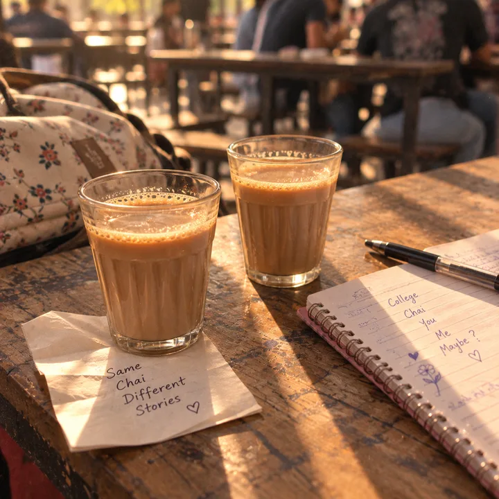 Two glasses of chai on the canteen table