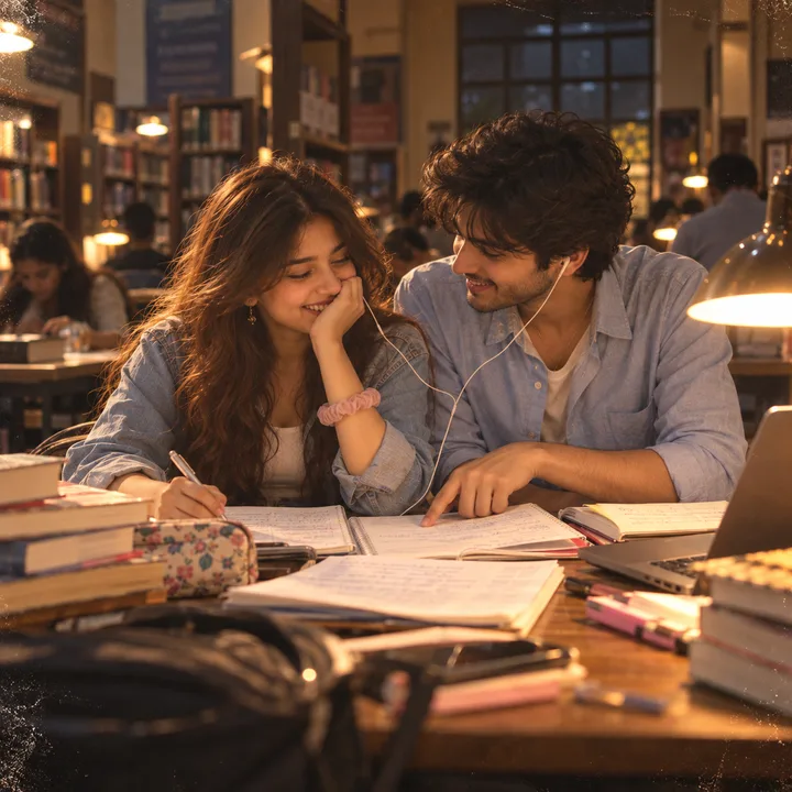 Tara and Saurabh studying in the library