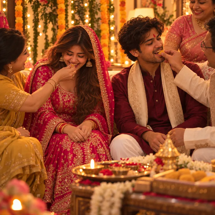 Roka ceremony, sweets and tilak