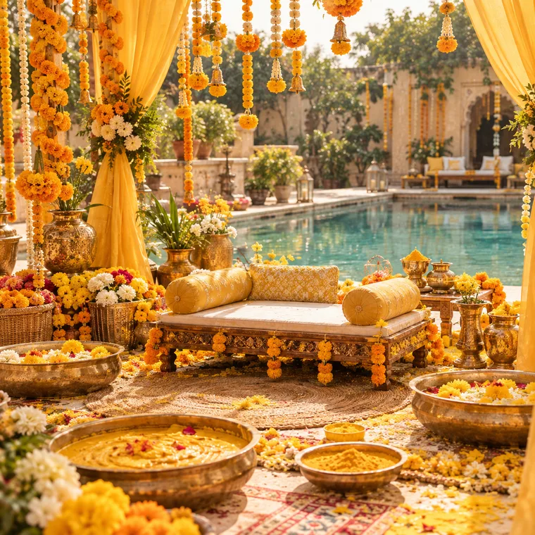 Haldi decor by the pool