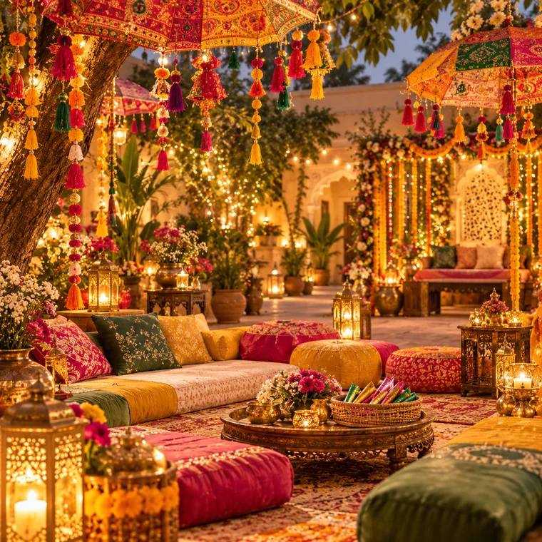 Mehndi decor with umbrellas and lanterns